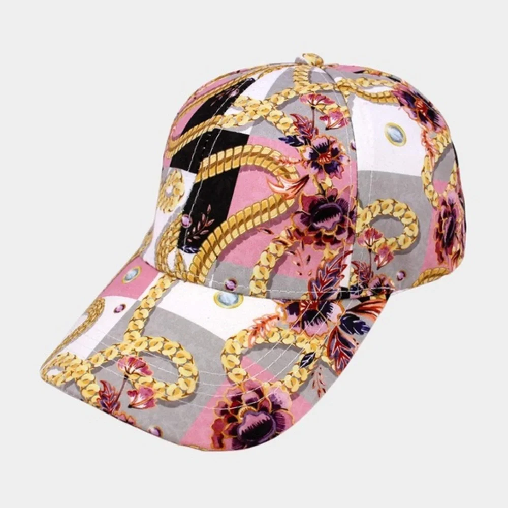 Gray white Pink flower gold chain patterned adjustable baseball hat
